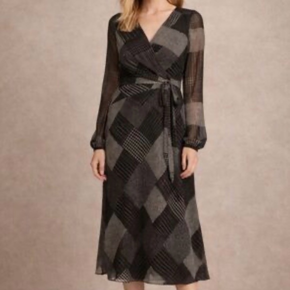 Lauren Ralph Lauren Plaid Wrap Midi Dress Size 12 Dark Academia Chic Patchwork - Picture 14 of 15